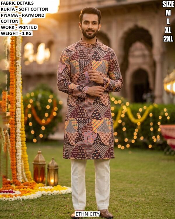 Premium Printed Cotton Kurta Pajama Set For Men Festive Wear Collection