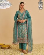 Women Shimmer Silk Embroidered Suit Set With Pure Chiffon Dupatta