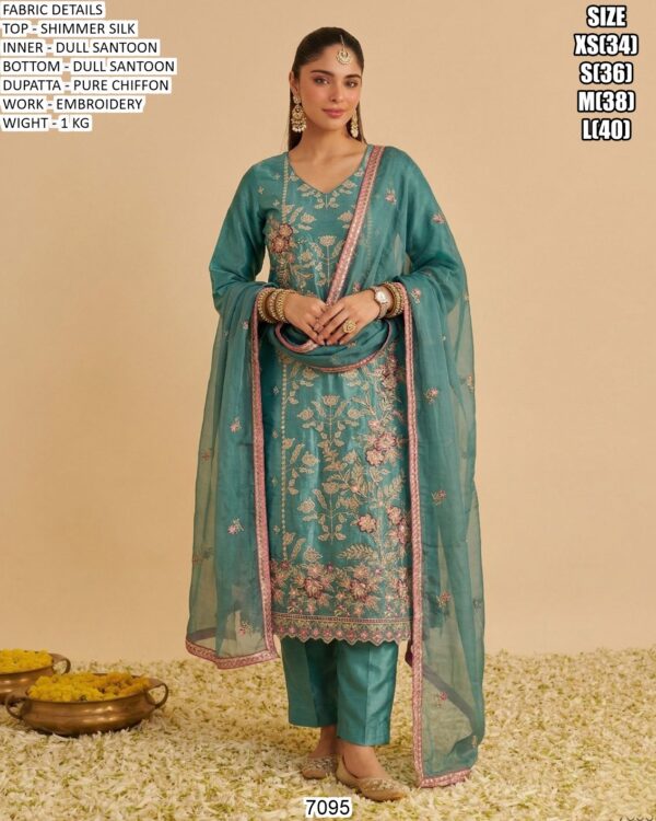 Women Shimmer Silk Embroidered Suit Set With Pure Chiffon Dupatta