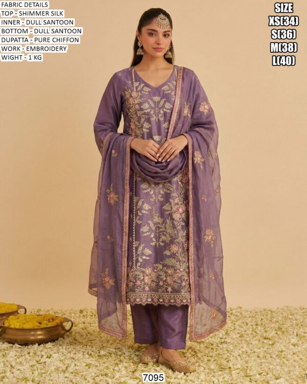 Women Shimmer Silk Embroidered Suit Set With Pure Chiffon Dupatta