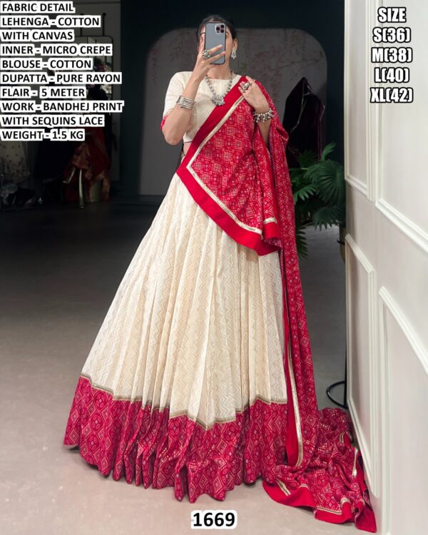 Premium Cotton Lehenga Set With Bandhej Print And Sequins Lace