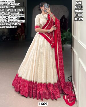 Premium Cotton Lehenga Set With Bandhej Print And Sequins Lace