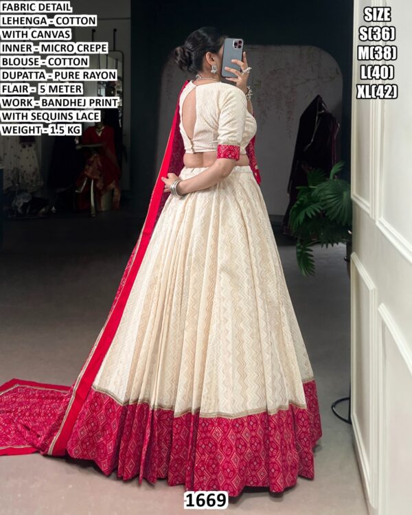 Premium Cotton Lehenga Set With Bandhej Print And Sequins Lace