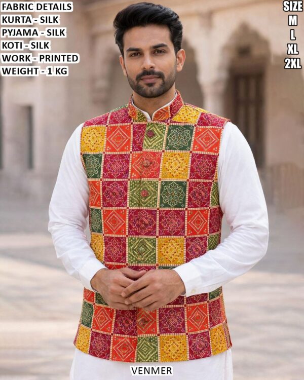 Elegant Silk Kurta Pyjama Koti Set For Men