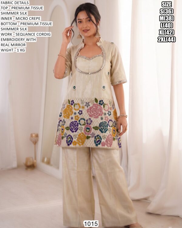 Designer Women Kurti Palazzo Set With Sequence Cording Embroidery