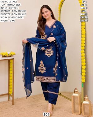 Designer Roman Silk Suit Set With Matching Dupatta