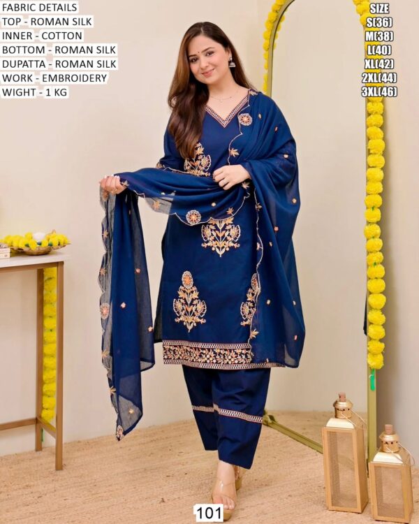 Designer Roman Silk Suit Set With Matching Dupatta