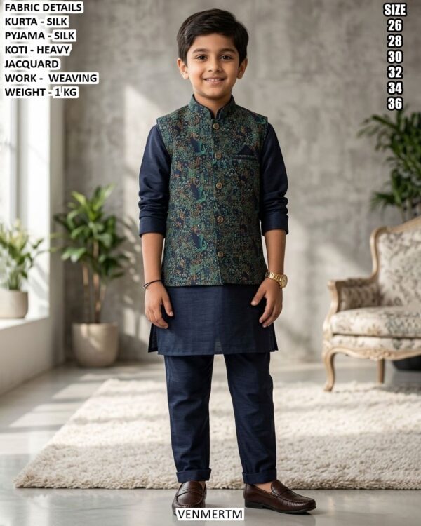 Kids Silk Kurta Pajama With Jacquard Koti Set