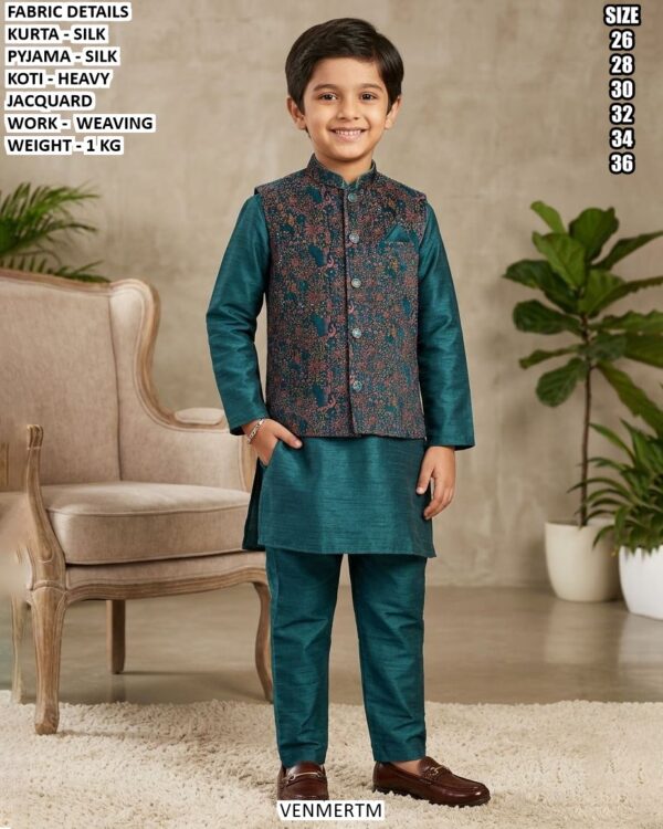 Kids Silk Kurta Pajama With Jacquard Koti Set