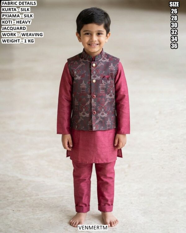Kids Silk Kurta Pajama With Jacquard Koti Set