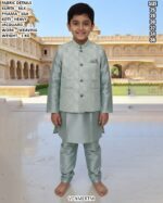 Kids Silk Kurta Pajama With Jacquard Koti Set