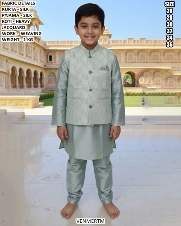 Kids Silk Kurta Pajama With Jacquard Koti Set