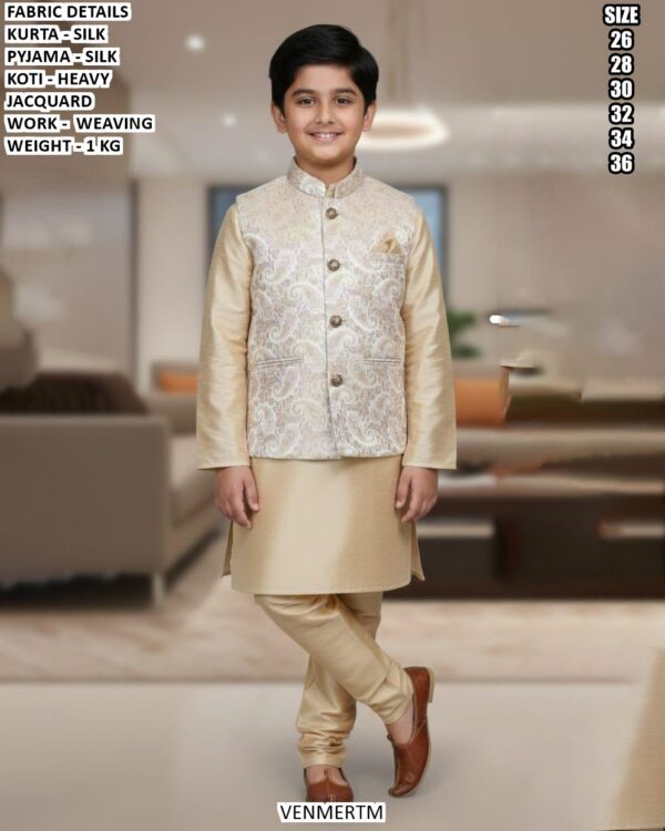 Kids Silk Kurta Pajama With Jacquard Koti Set