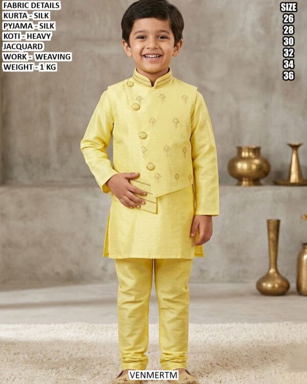 Kids Silk Kurta Pajama With Jacquard Koti Set