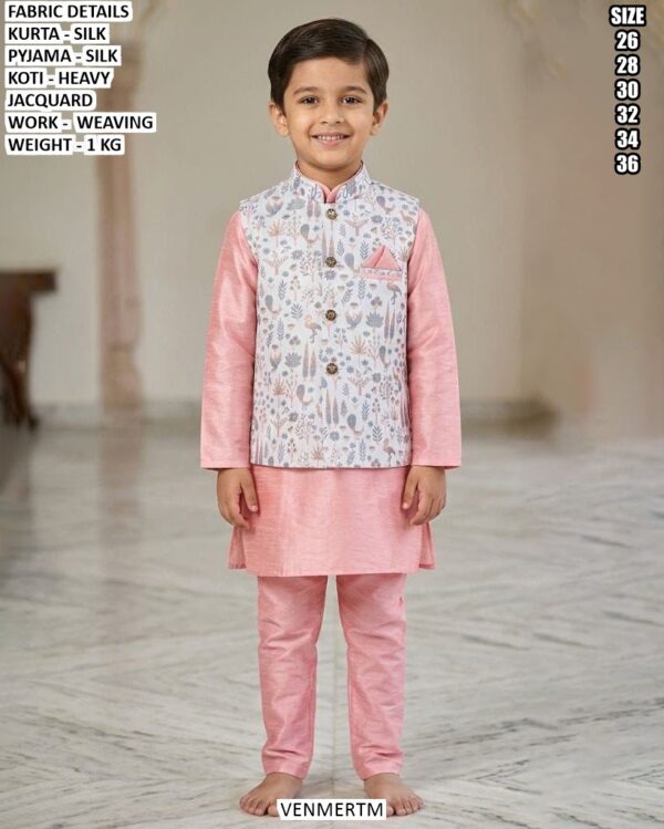 Kids Silk Kurta Pajama With Jacquard Koti Set