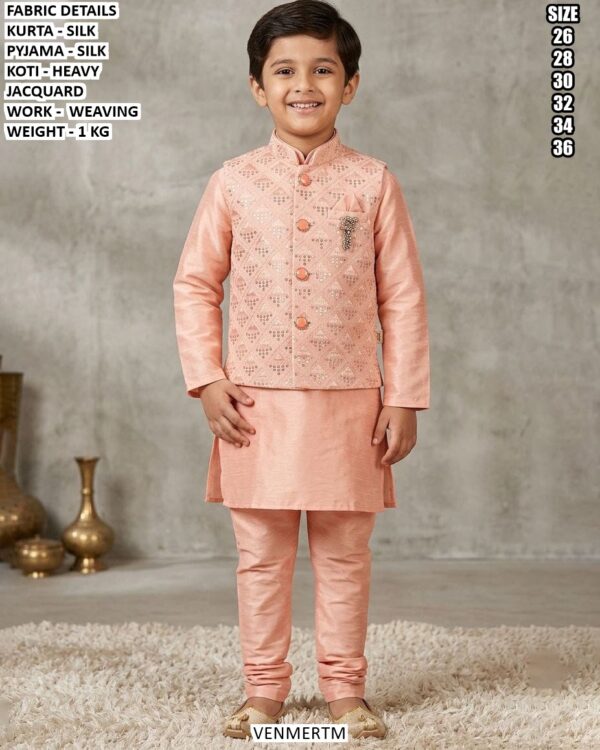 Kids Silk Kurta Pajama With Jacquard Koti Set
