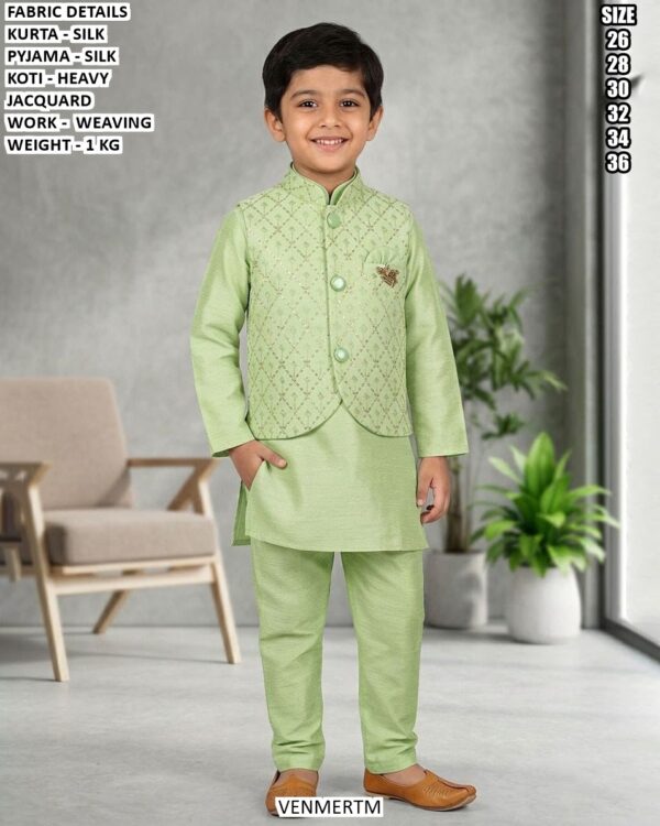 Kids Silk Kurta Pajama With Jacquard Koti Set