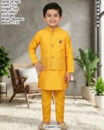 Kids Silk Kurta Pajama With Jacquard Koti Set