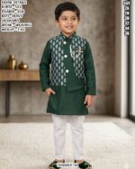 Kids Silk Kurta Pajama With Jacquard Koti Set