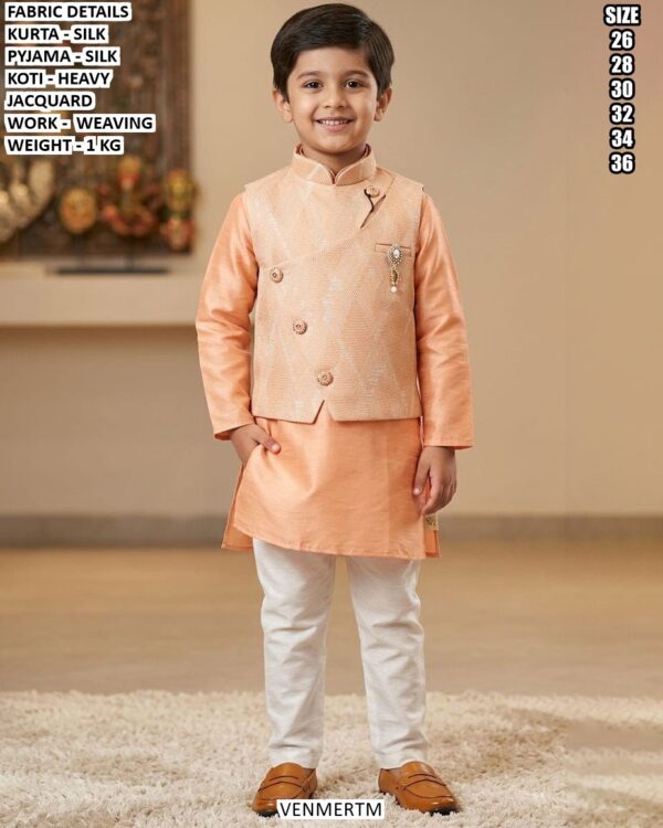 Kids Silk Kurta Pajama With Jacquard Koti Set