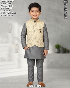 Kids Silk Kurta Pajama With Jacquard Koti Set