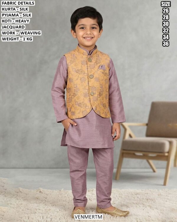 Kids Silk Kurta Pajama With Jacquard Koti Set