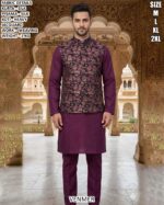 Men’s Kurta Pyjama Koti Set With Weaving Work