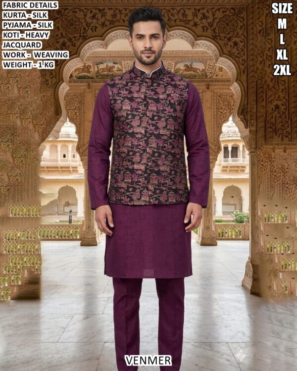 Men’s Kurta Pyjama Koti Set With Weaving Work