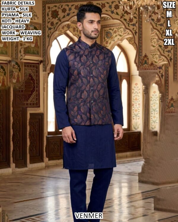 Men’s Kurta Pyjama Koti Set With Weaving Work