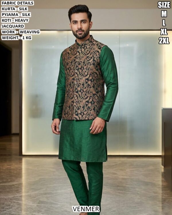 Men’s Kurta Pyjama Koti Set With Weaving Work