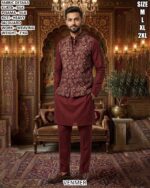 Men’s Kurta Pyjama Koti Set With Weaving Work