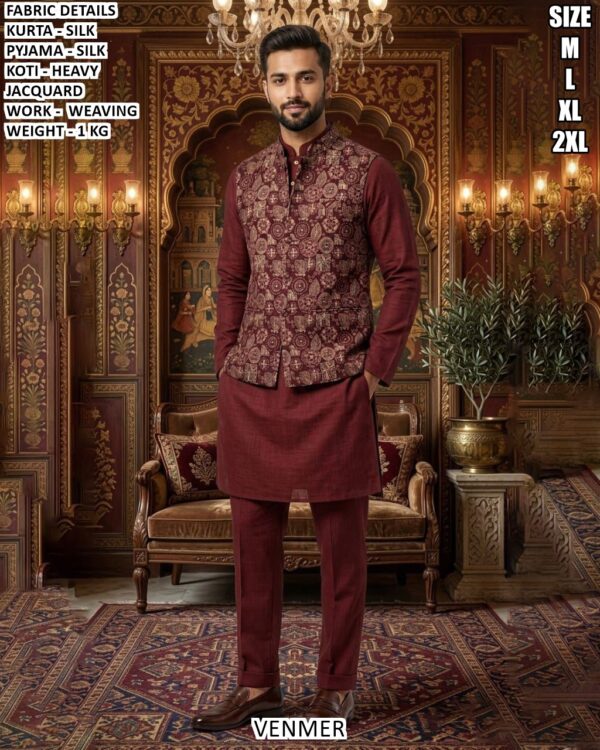 Men’s Kurta Pyjama Koti Set With Weaving Work