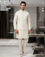 Men’s Kurta Pyjama Koti Set With Weaving Work