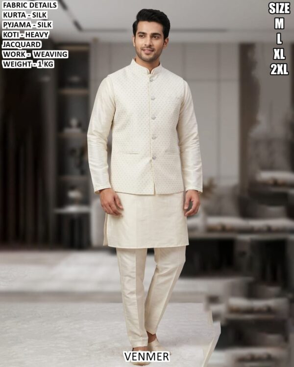 Men’s Kurta Pyjama Koti Set With Weaving Work