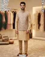 Men’s Kurta Pyjama Koti Set With Weaving Work