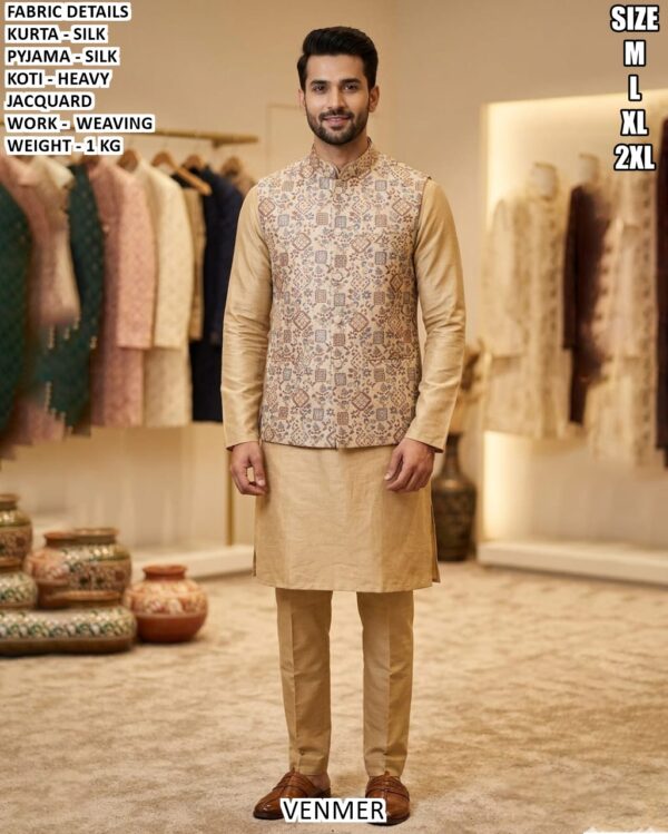 Men’s Kurta Pyjama Koti Set With Weaving Work