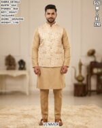 Men’s Kurta Pyjama Koti Set With Weaving Work
