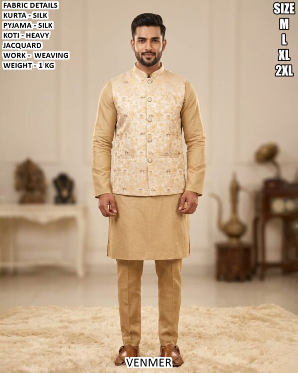 Men’s Kurta Pyjama Koti Set With Weaving Work