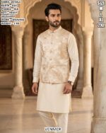 Men’s Kurta Pyjama Koti Set With Weaving Work