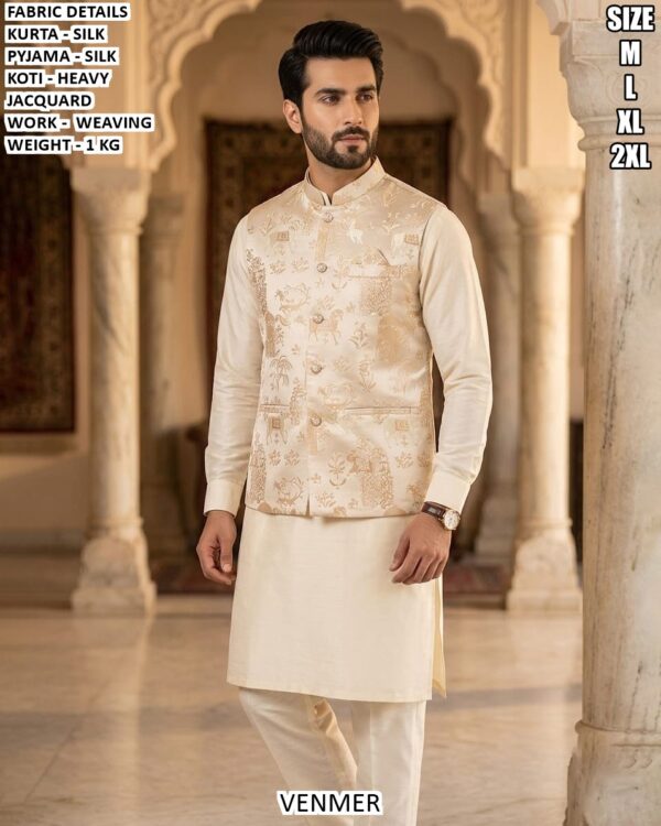 Men’s Kurta Pyjama Koti Set With Weaving Work