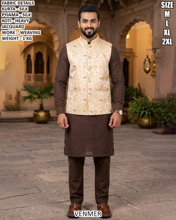 Men’s Kurta Pyjama Koti Set With Weaving Work