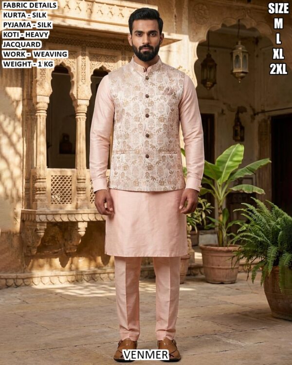 Men’s Kurta Pyjama Koti Set With Weaving Work