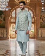 Men’s Kurta Pyjama Koti Set With Weaving Work