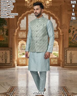 Men’s Kurta Pyjama Koti Set With Weaving Work
