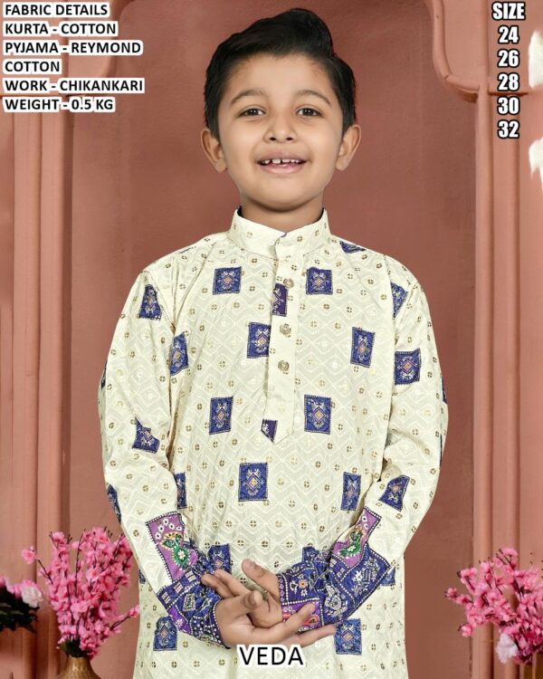 Cotton Kurta Pajama Set For Boys With Chikankari Design
