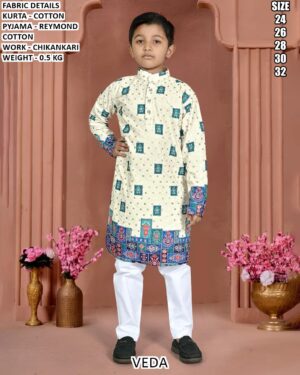 Cotton Kurta Pajama Set For Boys With Chikankari Design