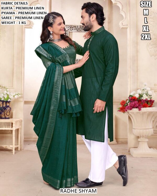 Linen Couple Ethnic Wear Saree And Kurta Pajama Set