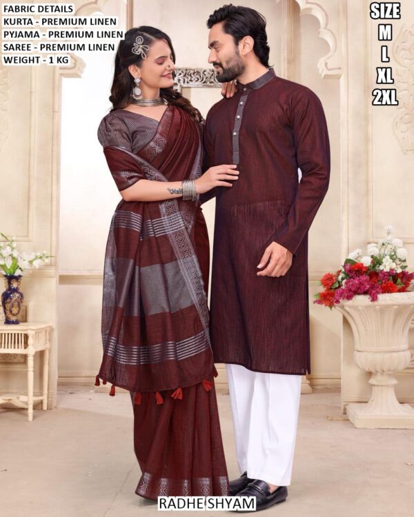 Linen Couple Ethnic Wear Saree And Kurta Pajama Set