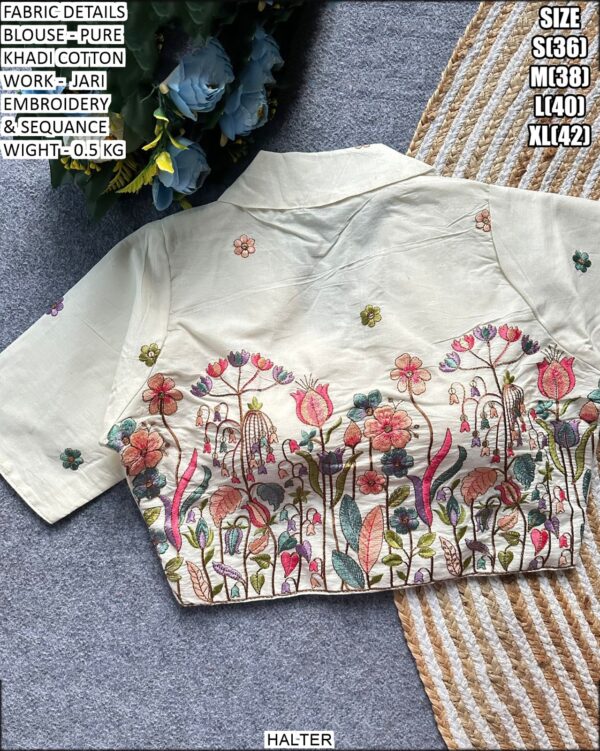 Pure Khadi Cotton Blouse With Jari Embroidery And Sequin Work