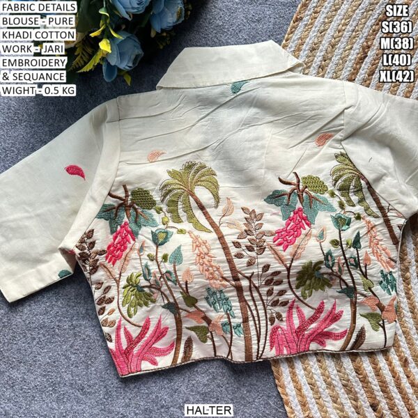 Pure Khadi Cotton Blouse With Jari Embroidery And Sequin Work